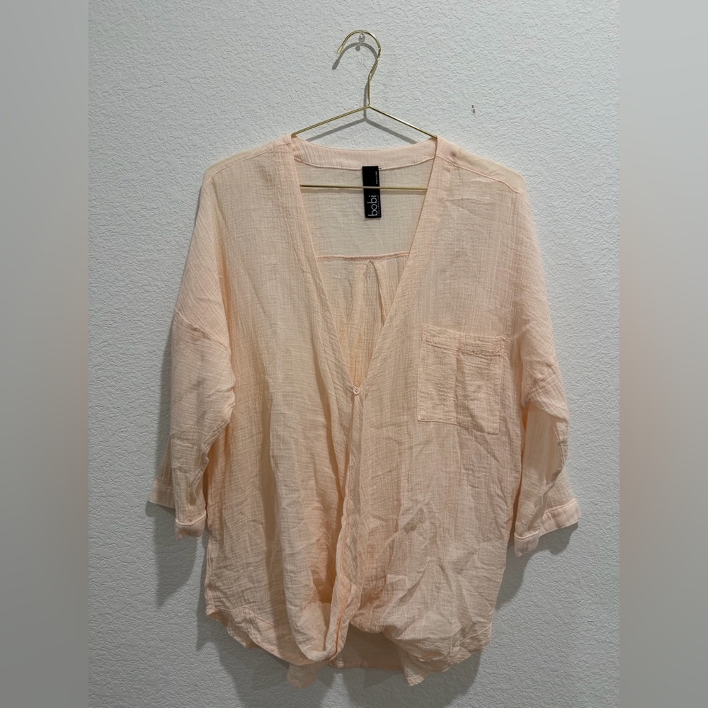 Bobi gauze cotton muslin Peach Button-Up long sleeve top Blouse